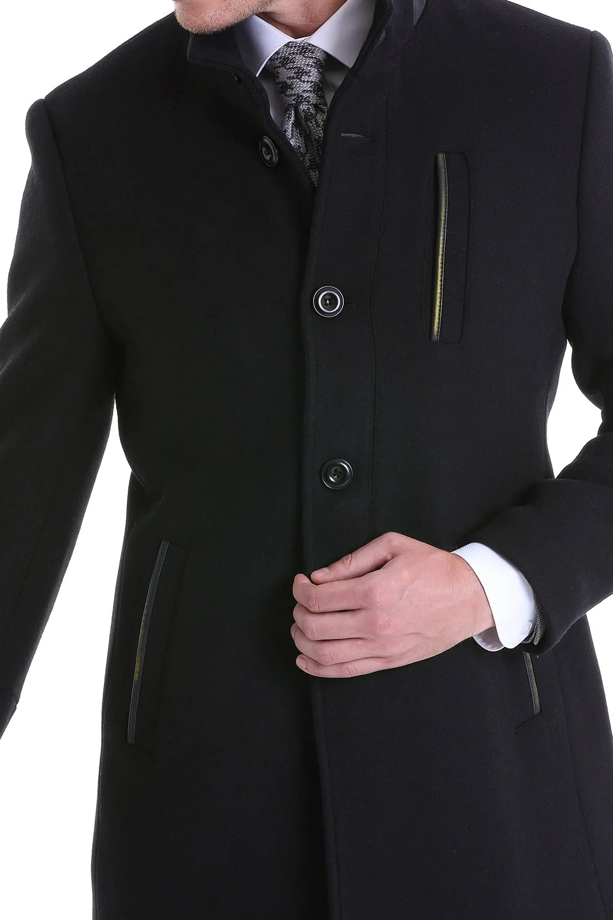 Slim Fit Funnel Stand Collar Black Wool Blend Overcoat