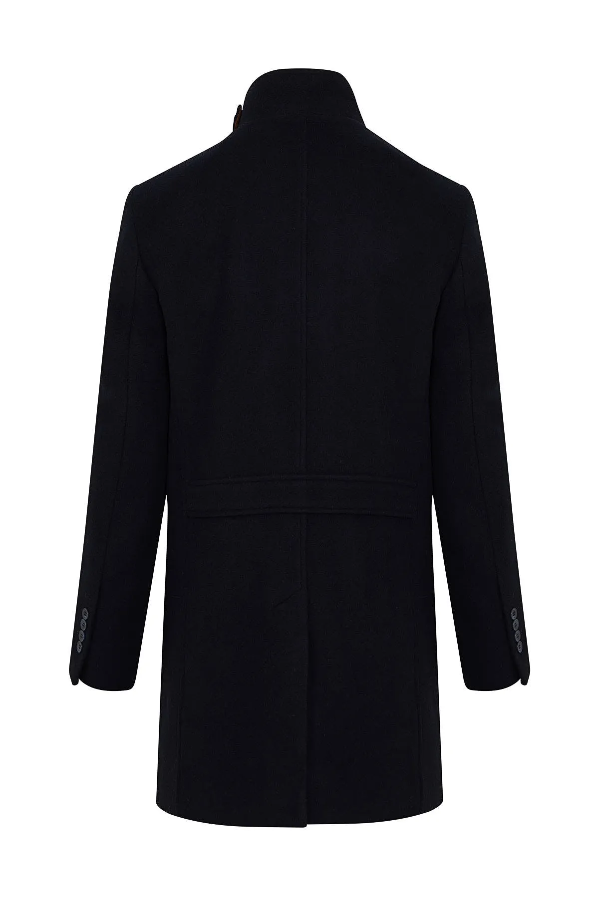 Slim Fit Hidden Zipper Stand Collar Navy Wool Blend Overcoat