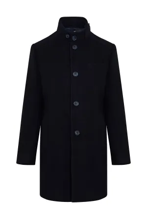 Slim Fit Hidden Zipper Stand Collar Navy Wool Blend Overcoat