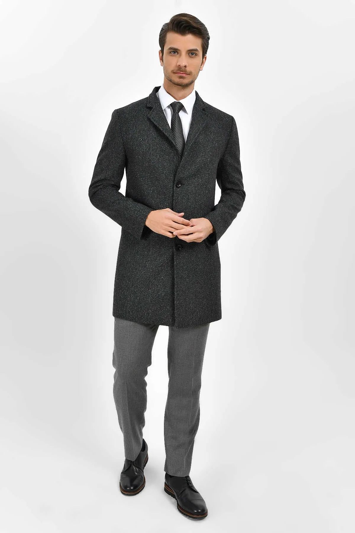 Slim Fit Notch Lapel Madrid Wool Light Gray Overcoat, Gray D.