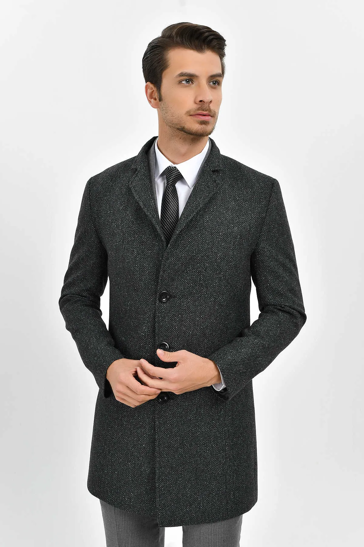 Slim Fit Notch Lapel Madrid Wool Light Gray Overcoat, Gray D.