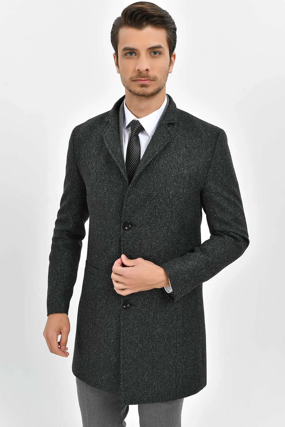 Slim Fit Notch Lapel Madrid Wool Light Gray Overcoat, Gray D.