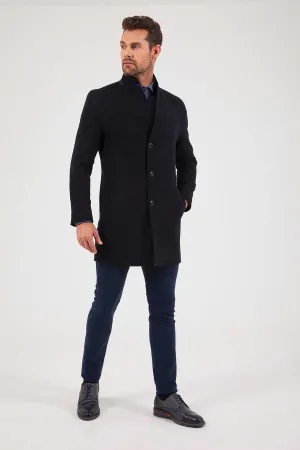 Slim Fit Notch Lapel Wool Blend Dark Navy Overcoat, Dark Navy