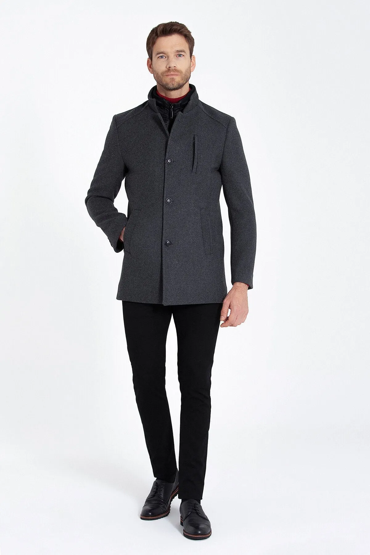 Slim Fit Stand Collar Textured Dark Gray Wool Blend Overcoat