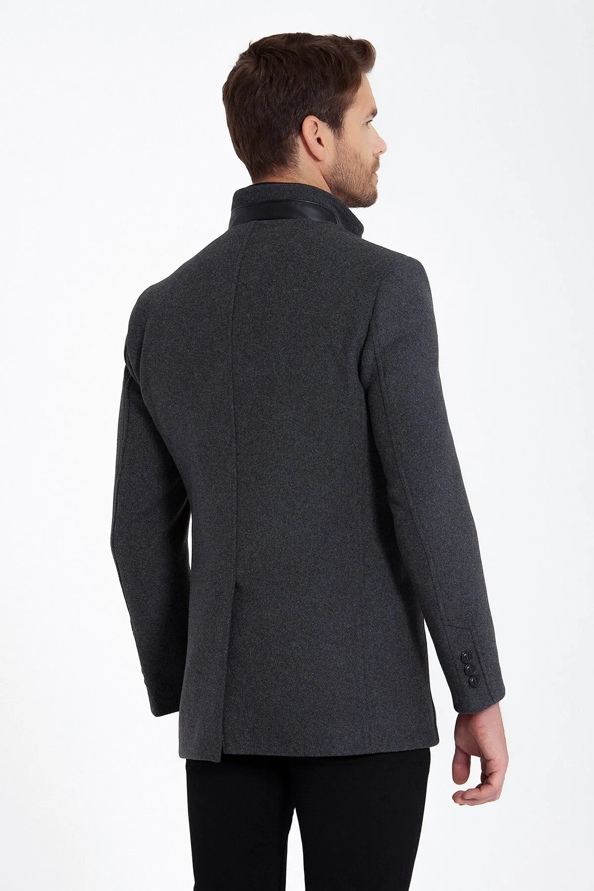 Slim Fit Stand Collar Textured Dark Gray Wool Blend Overcoat