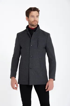 Slim Fit Stand Collar Textured Dark Gray Wool Blend Overcoat