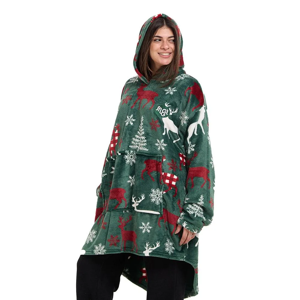 Snuggs Blanket Hoodie Green Deer Christmas