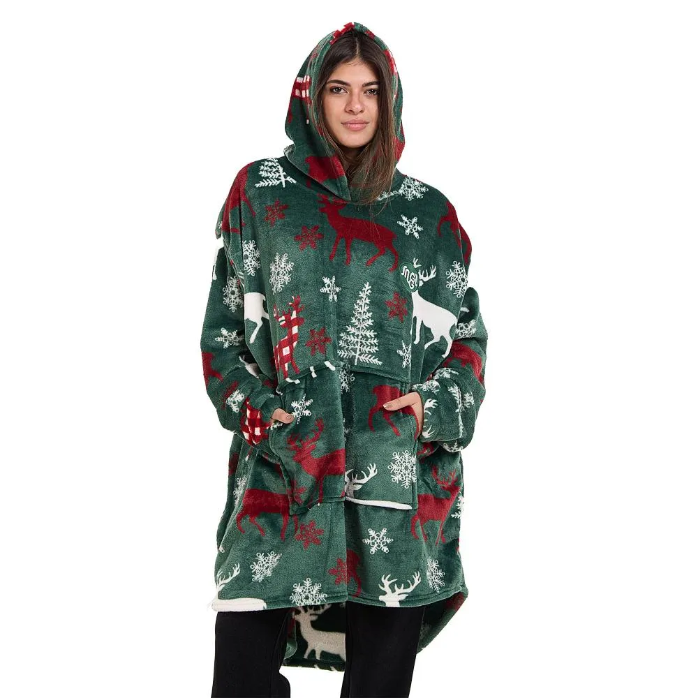 Snuggs Blanket Hoodie Green Deer Christmas