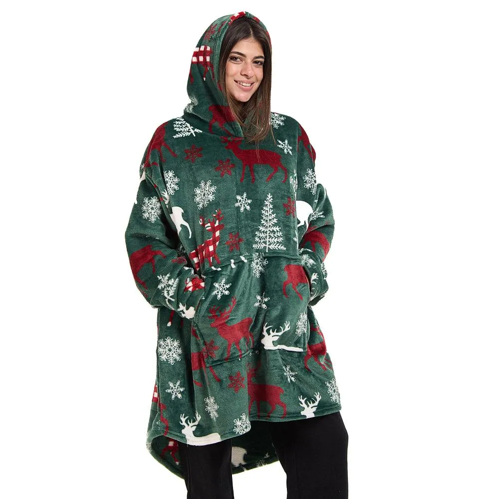 Snuggs Blanket Hoodie Green Deer Christmas