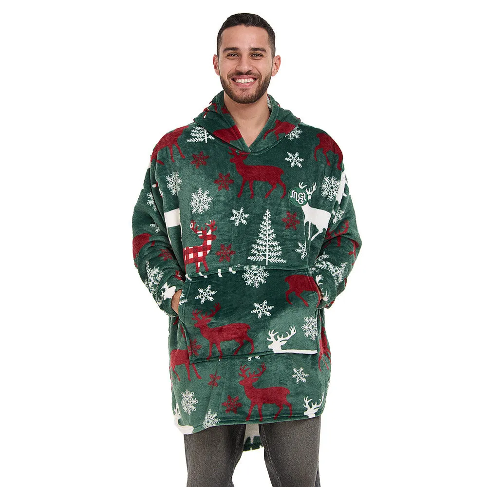 Snuggs Blanket Hoodie Green Deer Christmas