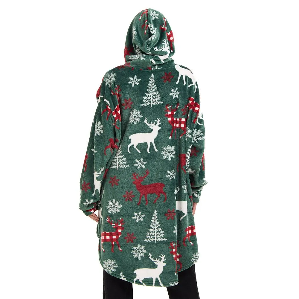 Snuggs Blanket Hoodie Green Deer Christmas