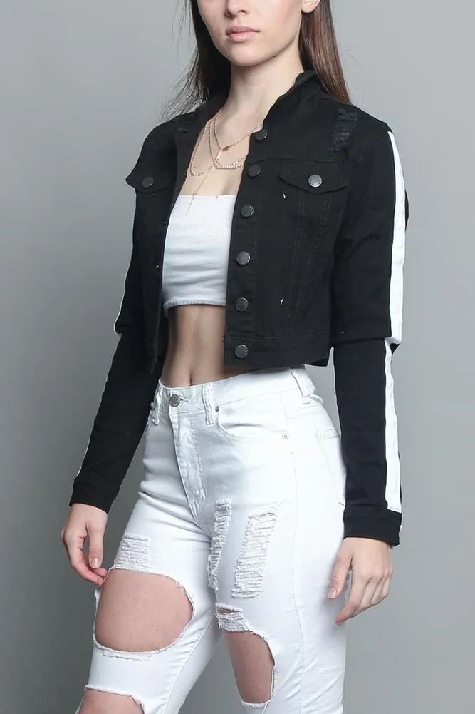 Striped Cropped Distressed Jacket