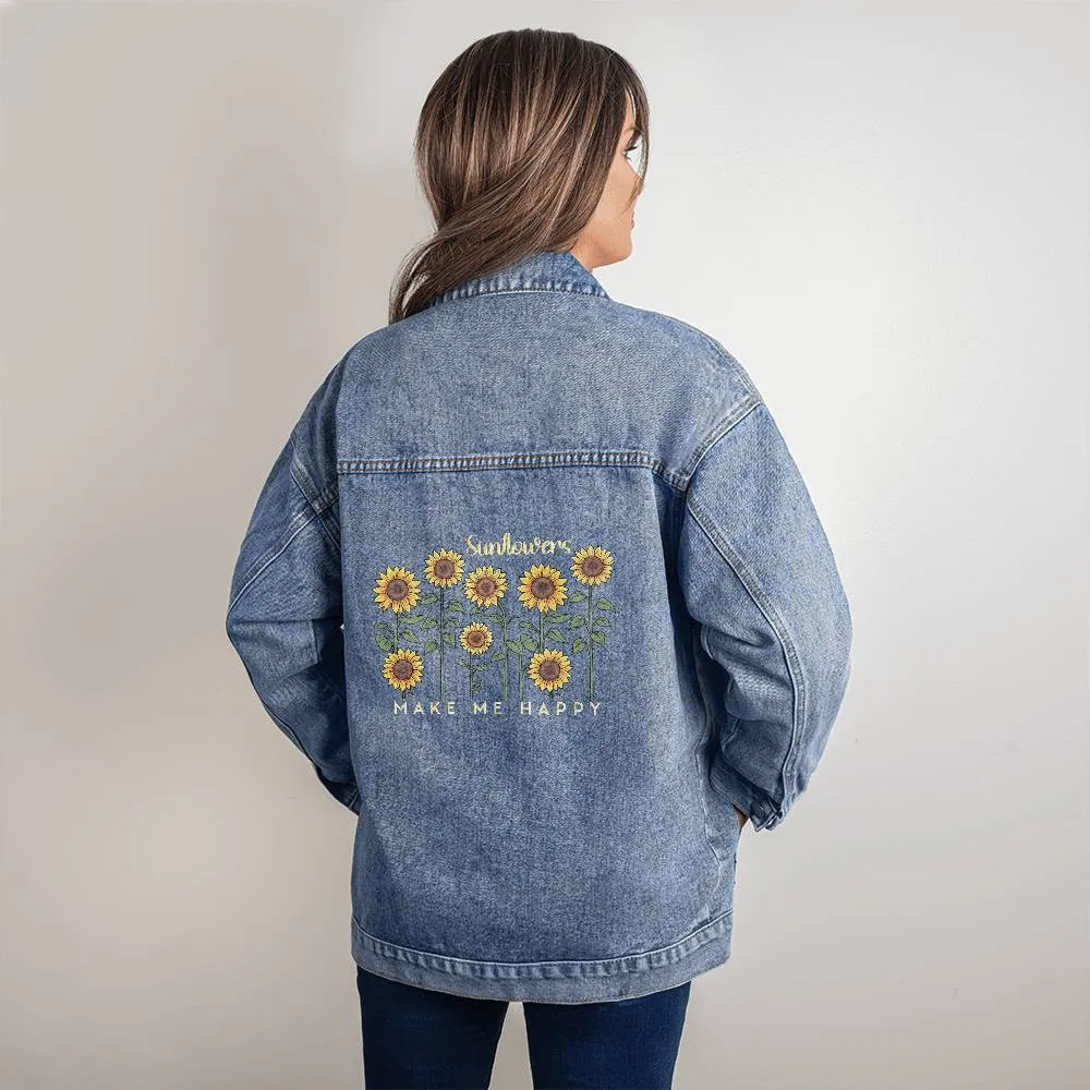 SUNFLOWERS MAKE ME HAPPY Oversized Women's DTG Denim Jacket