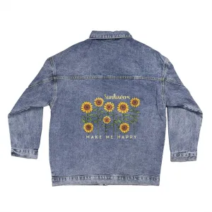 SUNFLOWERS MAKE ME HAPPY Oversized Women's DTG Denim Jacket