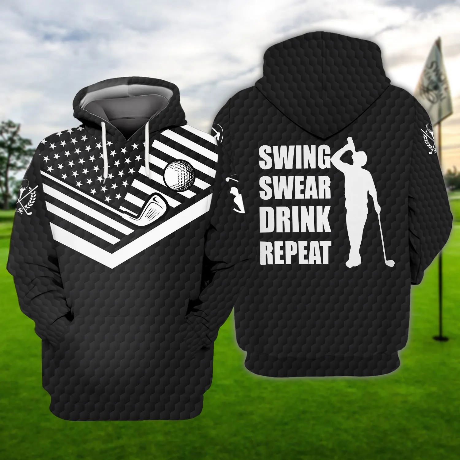 Swing Swear Drink Repeat Black Golf Pattern 3D Sweatshirt Hoodie, Christmas Shirt for Golfer