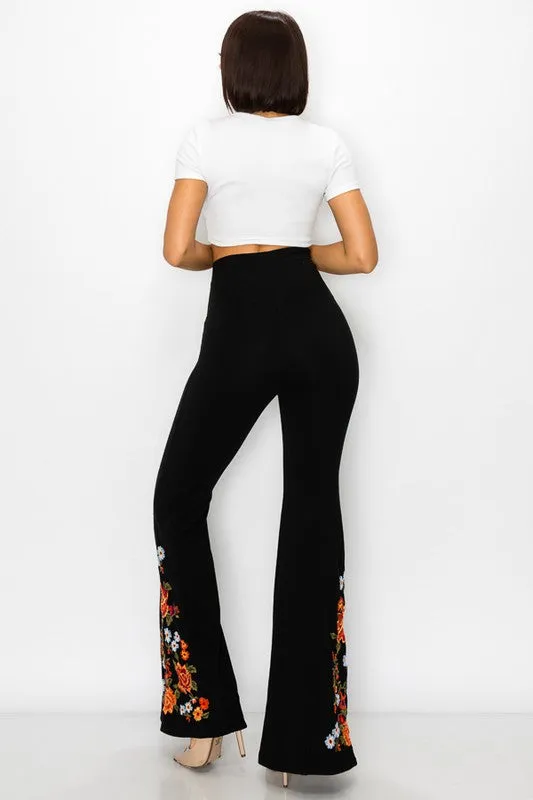 T-Party Floral Embroidery Flare Foldover Tall Pants - Black