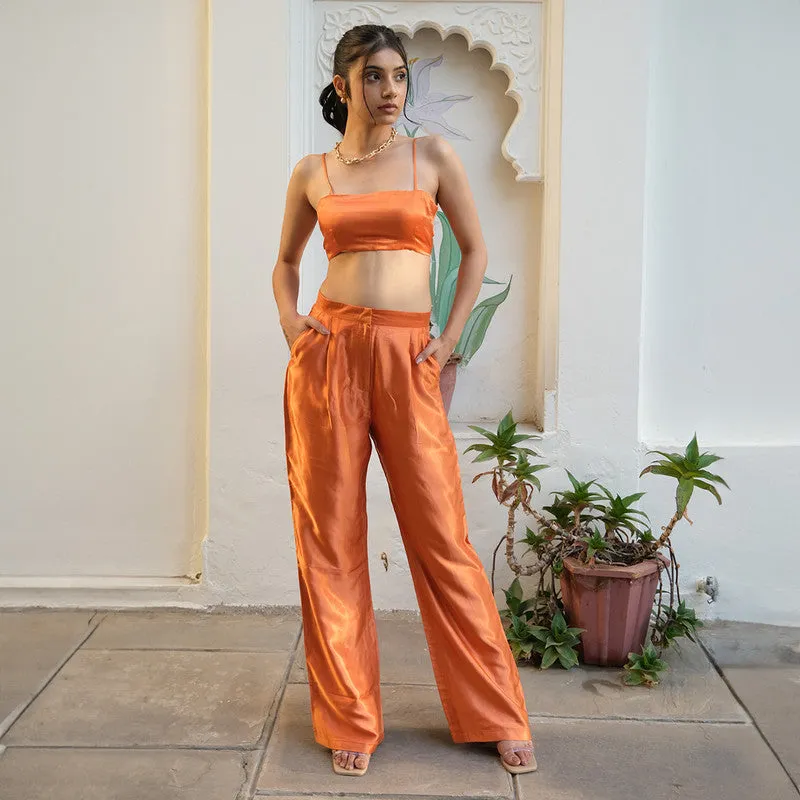 Tencel Co Ord Set For Women | Blazer, Top & Pant  | High Waist | Orange