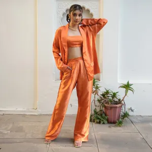 Tencel Co Ord Set For Women | Blazer, Top & Pant  | High Waist | Orange