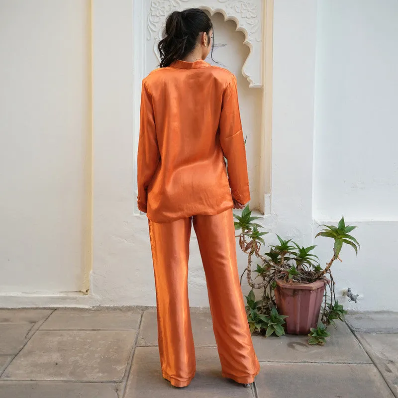 Tencel Co Ord Set For Women | Blazer, Top & Pant  | High Waist | Orange