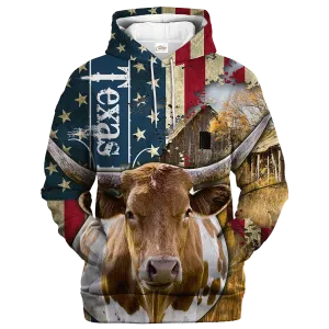 Texas Longhorn Farm With America Flag Hoodie