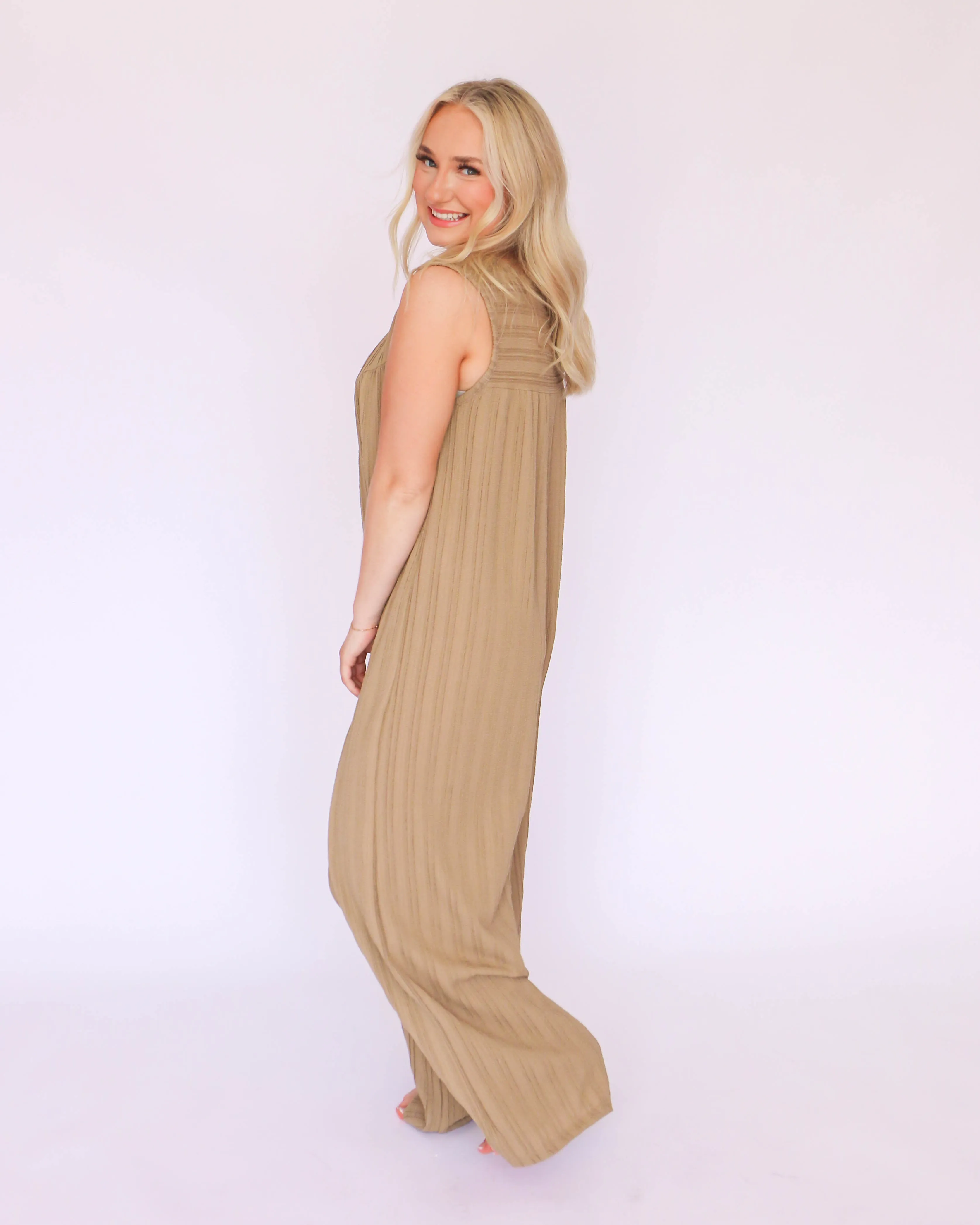 Textured Knit Fabric Sleeveless Wide Leg Jumpsuit in Latte