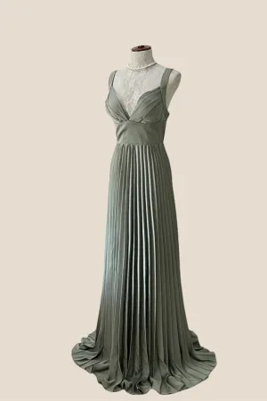 V-neck Olive Green Pleated Long Chiffon Dress