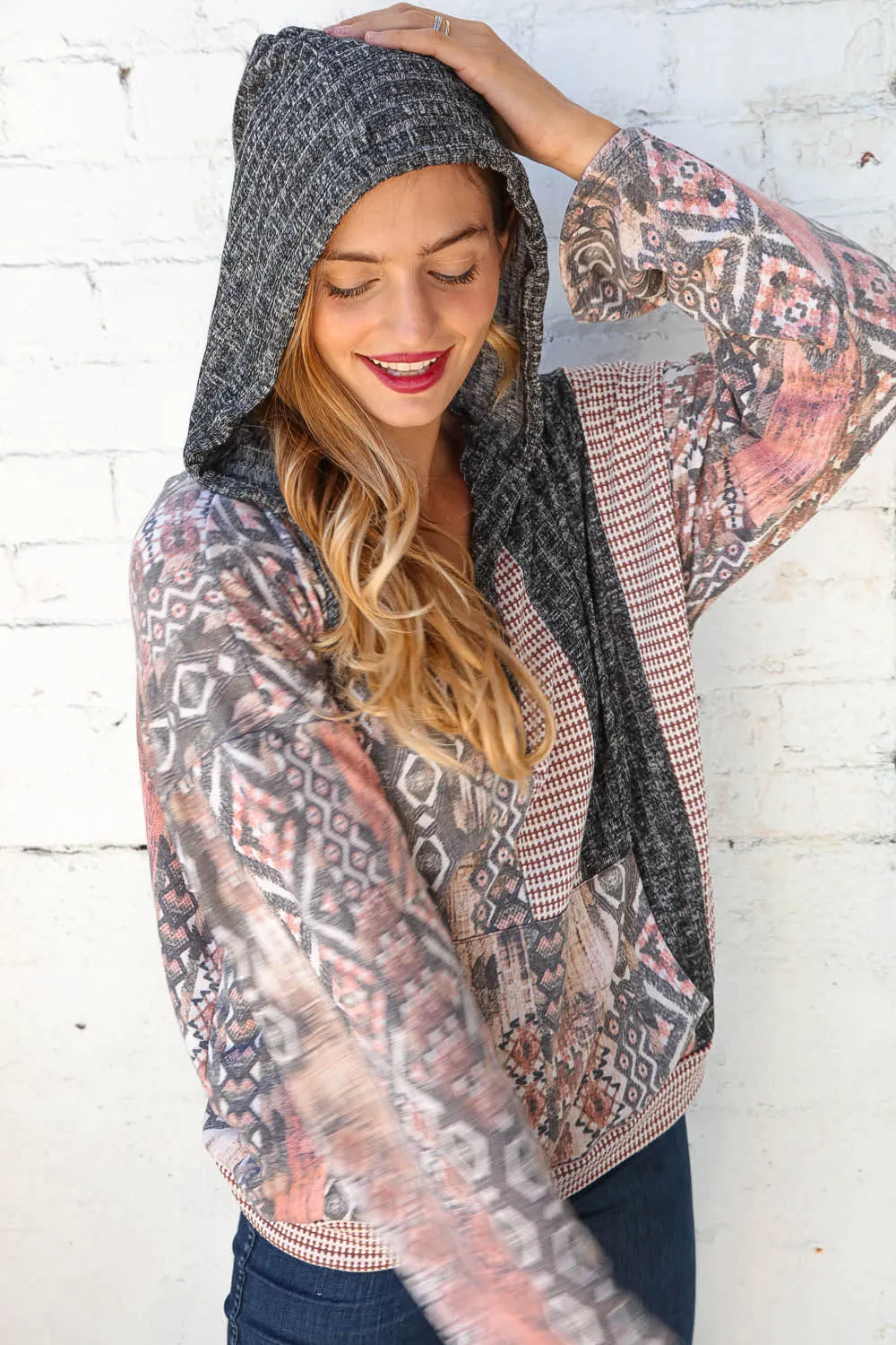 Vertical Boho Print Jacquard French Terry Hoodie (dropship)