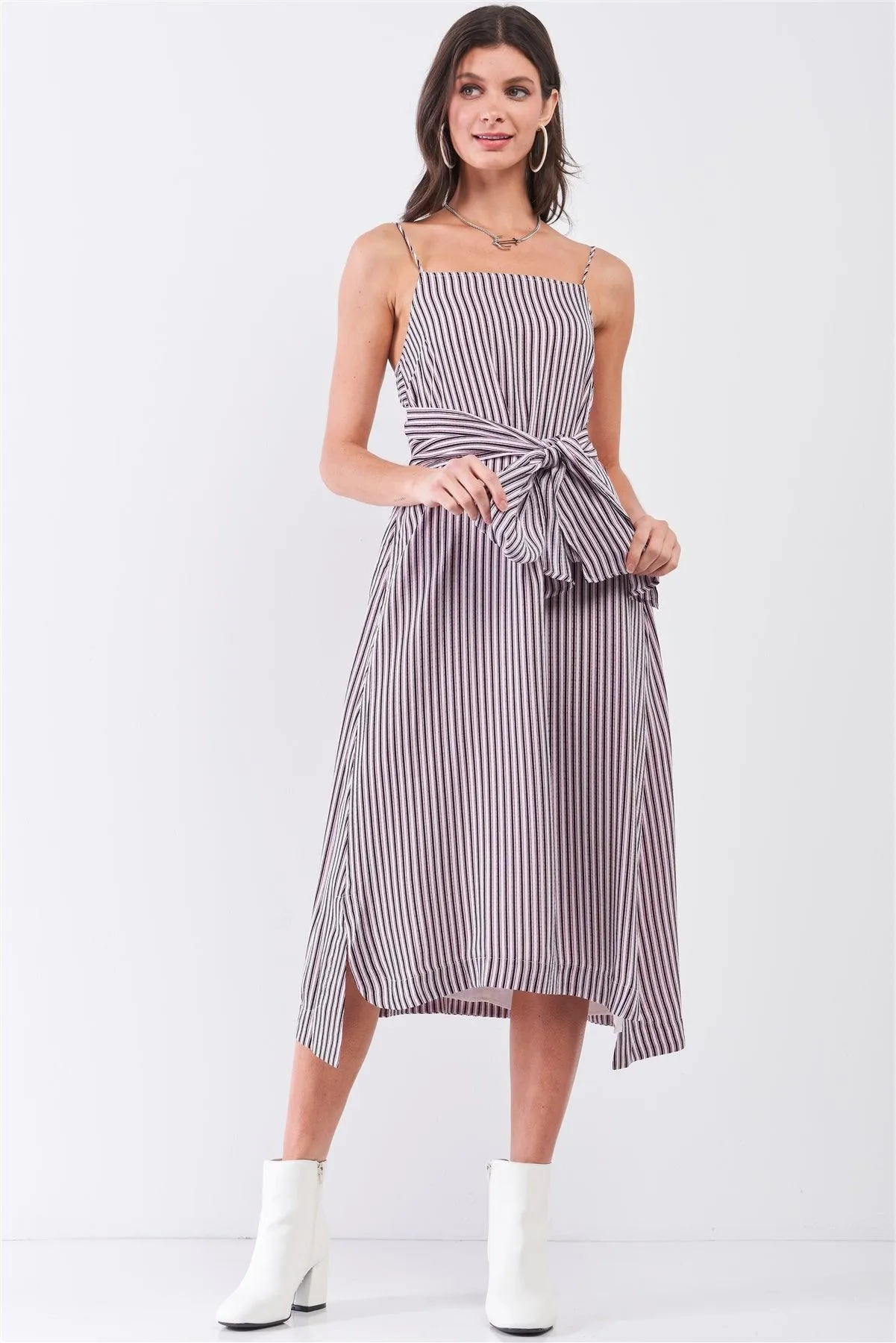 White Red Striped Sleeveless Square Neck Long Self-Tie Waist Detail Maxi Dress /1-2-2-1