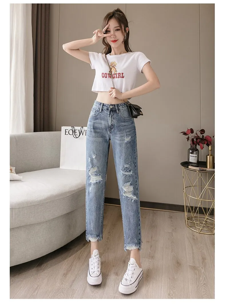 Wjczt 2022 New Lady Spring And Summer Light Blue Pierced Jeans Women'S Fashion Loose Dad Harlan Trousers High Waist Slim 9-Point Pants