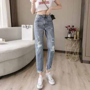 Wjczt 2022 New Lady Spring And Summer Light Blue Pierced Jeans Women'S Fashion Loose Dad Harlan Trousers High Waist Slim 9-Point Pants