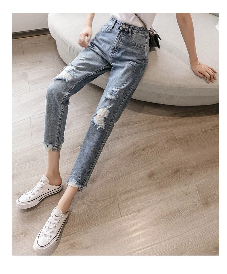 Wjczt 2022 New Lady Spring And Summer Light Blue Pierced Jeans Women'S Fashion Loose Dad Harlan Trousers High Waist Slim 9-Point Pants