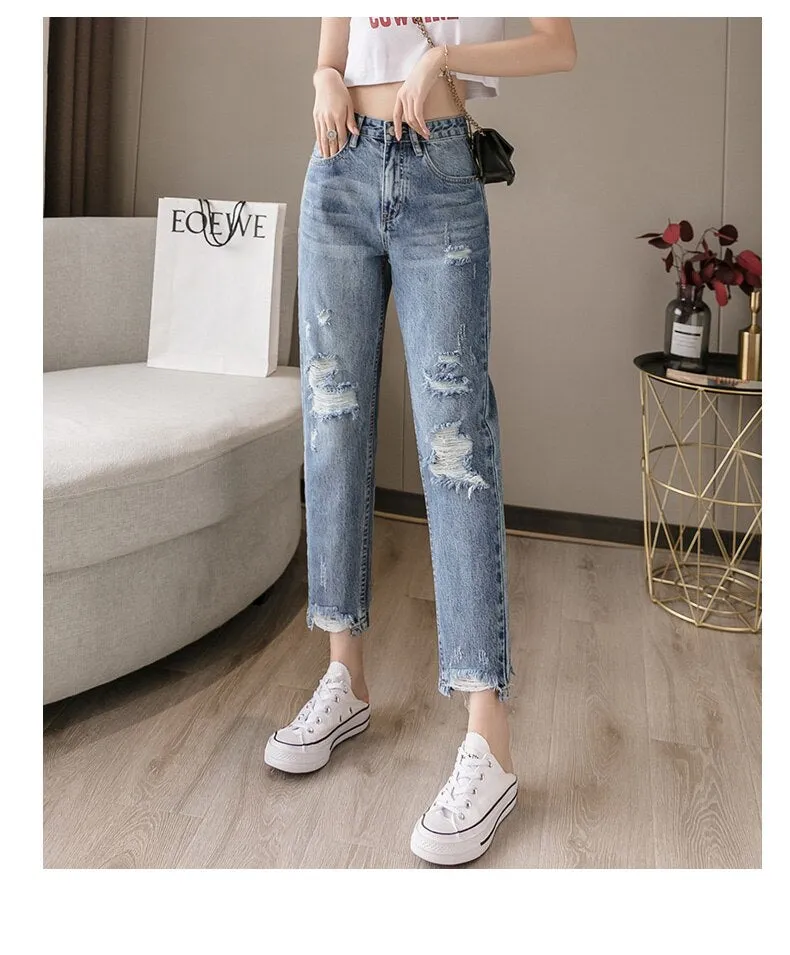 Wjczt 2022 New Lady Spring And Summer Light Blue Pierced Jeans Women'S Fashion Loose Dad Harlan Trousers High Waist Slim 9-Point Pants