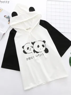 Women Cartoon Panda Print Funny T Shirts With Ears On Hood Summer Cotton Hooded  Shirt Casual Short Sleeve Cute