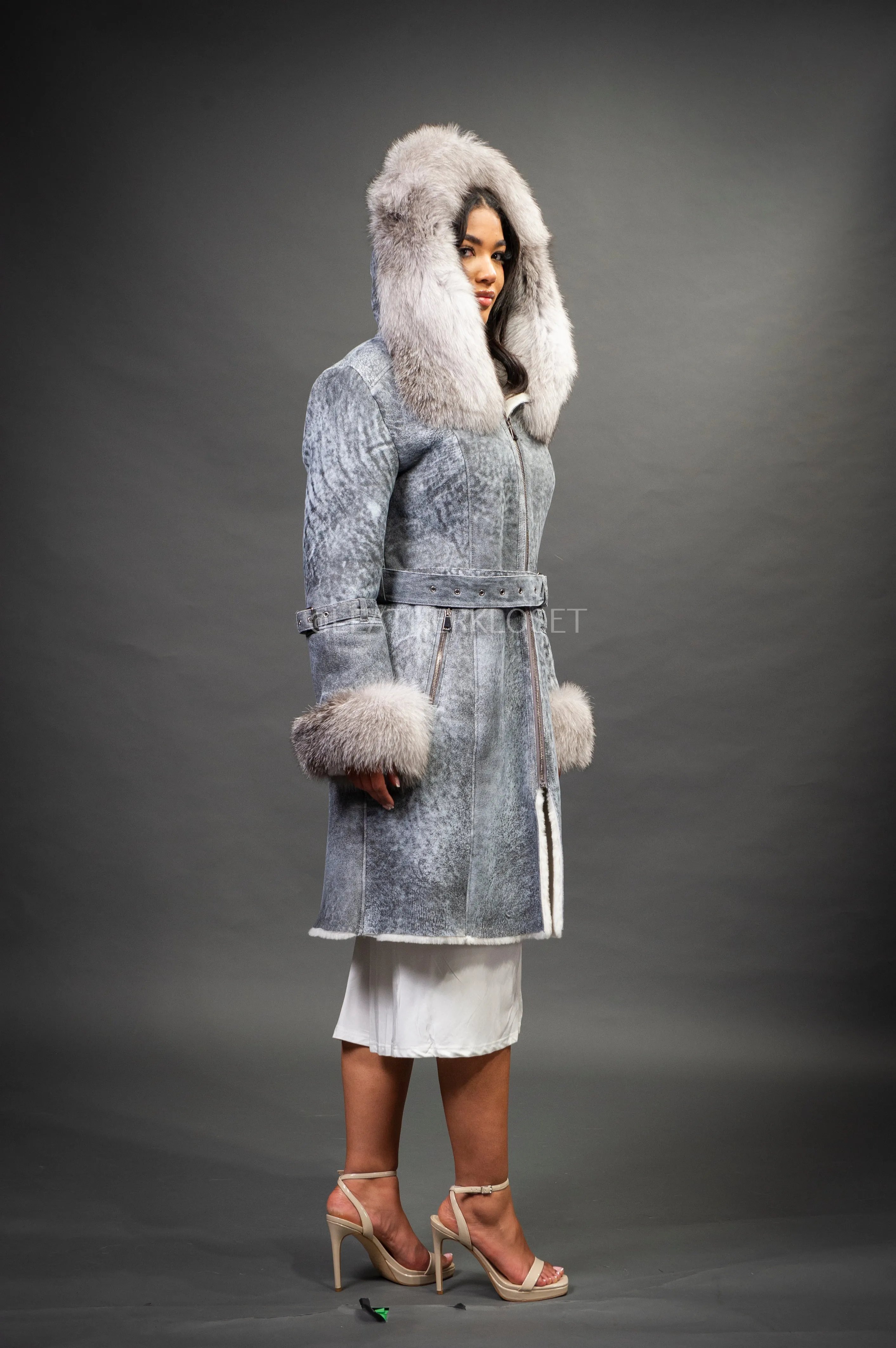 Women's Diana Shearling Sheepskin Jacket With Fox [Grey Distressed]