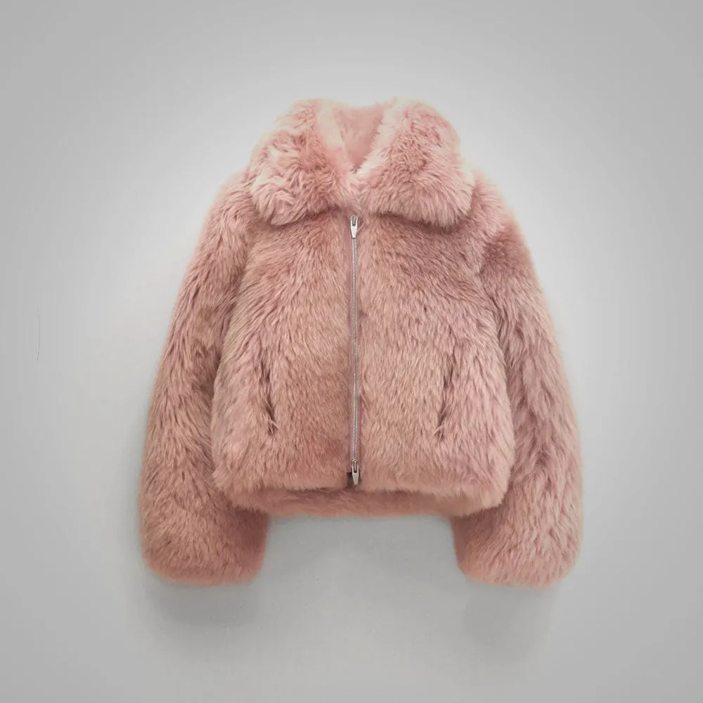 Womens Pink Shearling Short Fox Fur Leather Jacket