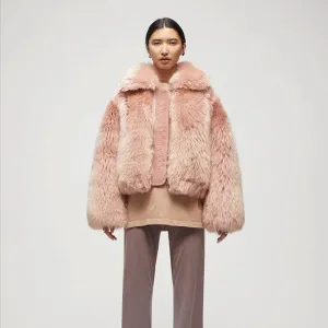 Womens Pink Shearling Short Fox Fur Leather Jacket