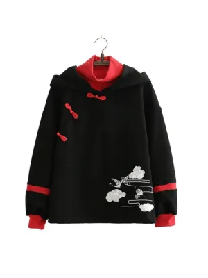 Women's Sweatshirt Black Cartoon Embroidery Harakuju Hooded Pullover Long Sleeve Sweet Style Top Winter Clothes Women